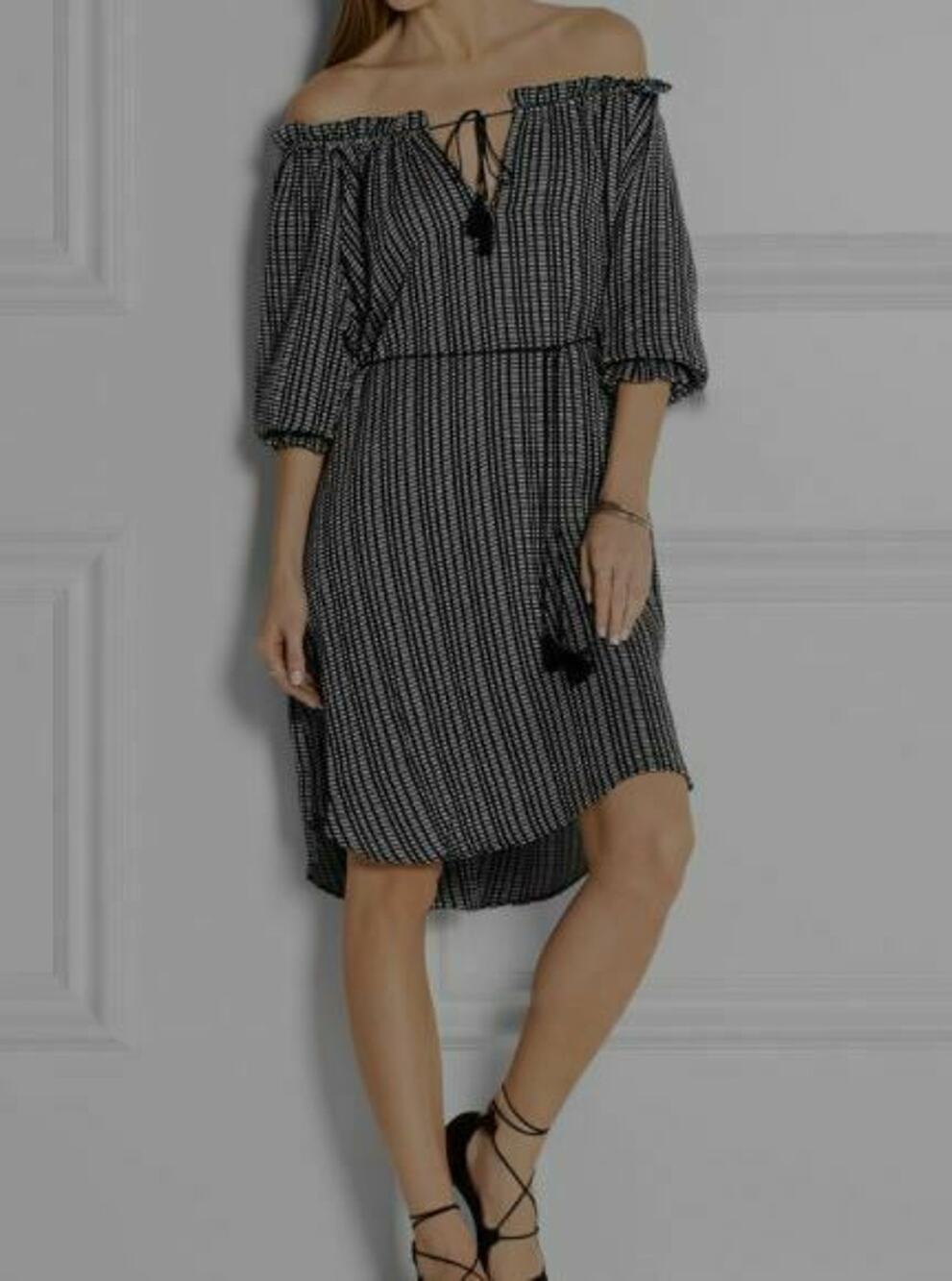 Zimmermann Pavilion Striped Dress 2 Wide Neck Off Shoulder Black Tassel Tie